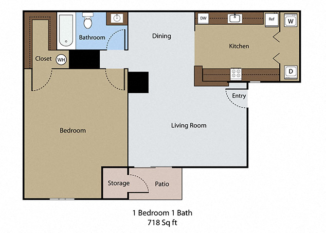 Floor plan for 1 bed, 1 bath, 718 sqft